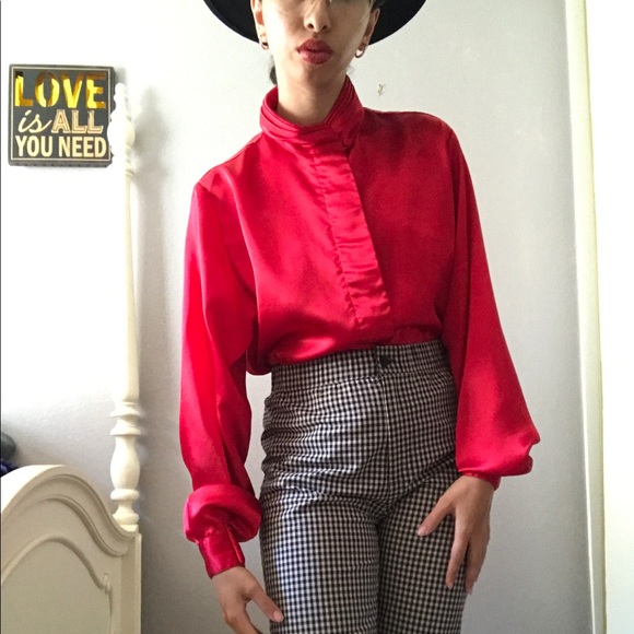 Vintage satin red button down blouse - Picture 3 of 10